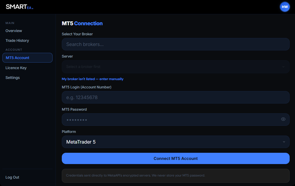 MT5 Connection screen